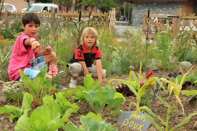kids planting a vegetable garden in Les Gets