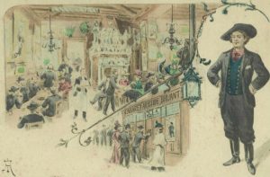 a hand-coloured lithograph of Aristide Bruant’s cabaret, Le Mirliton, circa 1894 / Graham Twemlow Collection
