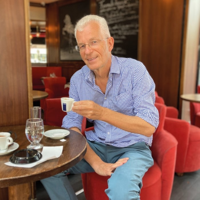 Stephen enjoys an espresso at his local café and says he is pleased to see a proliferation of pavement restaurants springing up as a result of Covid restrictions