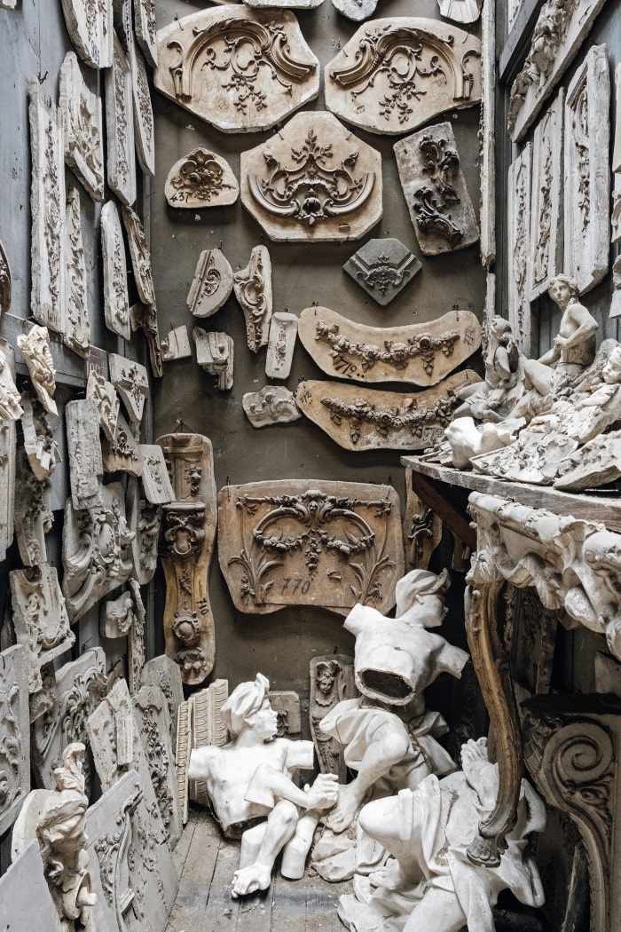 intricately carved wood and plasterwork at Feau et Cie