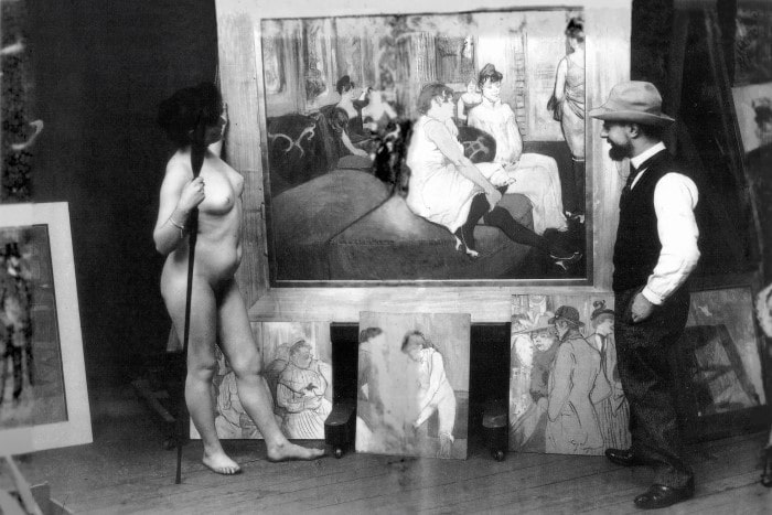 HTL in his workshop with nude model, photo by Maurice Guibert, 1895